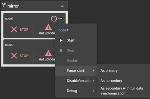SafeKit web console image
Actions using the local menu of the mirror module on the selected  node:
start, stop or restart  the module
force start as primary, as secondary, as secondary with full data synchronization