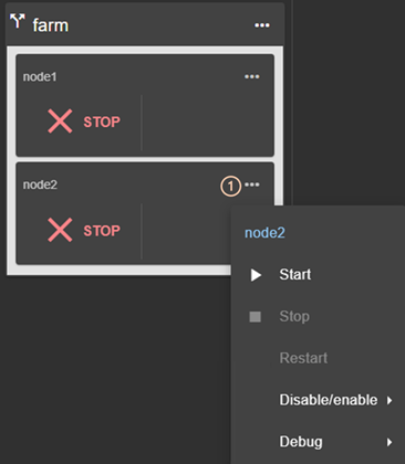 SafeKit web console image
Actions using the local menu of the farm module on the selected  node:
start, stop or restart  the module
