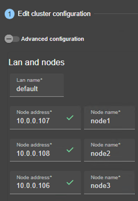 SafeKit web console image
Edit the cluster configuration using cluster configuration wizard. Define 1 LAN and IP addresses of 3 nodes on this network, for a farm module